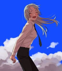 Rule 34 | 1girl, ^ ^, arms behind back, black necktie, black pants, blue hair, blue sky, blush, breasts, closed eyes, cloud, cloudy sky, collared shirt, commentary, cowboy shot, day, dress shirt, from side, highres, jujutsu kaisen, laughing, light blue hair, long hair, looking at viewer, medium breasts, miwa kasumi, necktie, open mouth, outdoors, pants, shirt, sky, smile, solo, straight hair, tachibanakimi, white shirt, wings