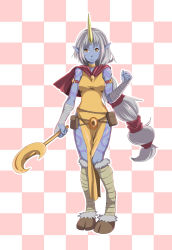 Rule 34 | 1girl, absurdres, armlet, bandages, blue skin, breasts, capelet, checkered background, choker, colored skin, crescent, highres, hooves, horns, league of legends, long hair, pale skin, pointy ears, pouch, qknight, single horn, smile, solo, soraka (league of legends), staff, very long hair, yellow eyes