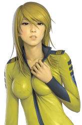 Rule 34 | 10s, 1girl, blonde hair, bodysuit, breasts, brown eyes, female focus, looking at viewer, military, military uniform, mori yuki, parted lips, realistic, simple background, solo, uchuu senkan yamato, uchuu senkan yamato 2199, undressing, uniform, watanabe yasuaki, white background