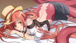 Rule 34 | 10s, 1girl, breasts, butt crack, hat, highres, lamia, large breasts, long hair, lying, miia (monster musume), monster girl, monster musume no iru nichijou, red hair, solo, wallpaper, yellow eyes
