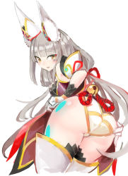 Rule 34 | 1girl, animal ears, ass, blunt bangs, breasts, cat ears, detached sleeves, facial mark, highleg, highleg leotard, highres, leotard, long hair, low twintails, medium breasts, nia (blade) (xenoblade), nia (xenoblade), silver hair, simple background, solo, thighhighs, tim (a9243190a), twintails, very long hair, white background, xenoblade chronicles (series), xenoblade chronicles 2, yellow eyes