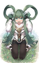 Rule 34 | 1girl, ankle boots, arms up, black shorts, blush, boots, capelet, chain, d:, flower, full body, fur-trimmed boots, fur collar, fur trim, ganesagi, green eyes, green hair, hair rings, highres, horns, kneeling, long hair, long sleeves, looking at viewer, nose blush, on grass, on ground, open mouth, original, pantyhose, pantyhose under shorts, puffy long sleeves, puffy sleeves, short shorts, shorts, simple background, single hair intake, solo, very long hair, white background, white capelet, white footwear