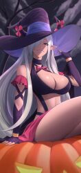 Rule 34 | 1girl, asymmetrical horns, bare shoulders, breasts, cleavage, cloud, cloudy sky, dragon girl, fire emblem, fire emblem engage, grin, hair ornament, hair over one eye, halloween, halloween costume, hat, highres, horns, large breasts, long hair, looking at viewer, mature female, navel, nintendo, pointy ears, pumpkin, purple eyes, purple ribbon, revealing clothes, ribbon, shou illust, sitting, sky, smile, solo, tan, tassel, tassel hair ornament, uneven horns, very long hair, witch hat, zephia (fire emblem)