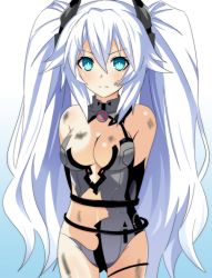 Rule 34 | &gt;:|, 10s, 1girl, :|, arms behind back, bad id, bad pixiv id, bare shoulders, bdsm, black heart (neptunia), blue background, blue eyes, blush, bondage, bound, bound arms, breasts, cable, center opening, cleavage cutout, closed mouth, clothing cutout, cowboy shot, damaged, dirty, elbow gloves, flipped hair, gloves, gradient background, groin, hair between eyes, halterneck, headgear, leotard, long hair, looking at viewer, magical girl, midriff, neptune (series), no bra, noire (neptunia), open mouth, power symbol, power symbol-shaped pupils, sd (sdgu), sidelocks, solo, standing, symbol-shaped pupils, torn clothes, torn leotard, turtleneck, twintails, v-shaped eyebrows, very long hair, white background, white hair