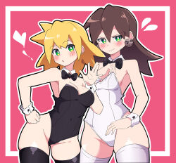 Rule 34 | 2girls, absurdres, bare shoulders, black bow, black leotard, black thighhighs, blonde hair, blush, border, bow, bow choker, breasts, brown hair, buzzlyears, cleavage, earrings, green eyes, hair between eyes, hand on own hip, heart, highres, jewelry, leotard, looking at viewer, medium breasts, mega man (series), mega man legends (series), multiple girls, outside border, parted lips, playboy bunny, roll caskett (mega man), small breasts, sweatdrop, thighhighs, tron bonne (mega man), white border, white leotard, white thighhighs, wrist cuffs