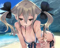 Rule 34 | 10s, 1girl, beach, bikini, blonde hair, bow, breasts, brown eyes, food, fukuda tomonori, hair bow, highres, koujiro frau, long hair, looking at viewer, ocean, outdoors, pocky, robotics;notes, scan, scan artifacts, seductive smile, small breasts, smile, solo, sweat, swimsuit, twintails, water