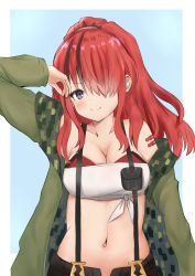 Rule 34 | 1girl, absurdres, arm up, bad id, bad pixiv id, bandeau, black hair, breasts, cleavage, collarbone, commentary request, green jacket, hair between eyes, highres, jacket, koruwane, lain paterson, lain paterson (1st costume), long sleeves, looking at viewer, medium breasts, midriff, multicolored hair, nijisanji, open clothes, open jacket, ponytail, pouch, purple eyes, red hair, smile, solo, stomach, strapless, streaked hair, suspenders, tube top, upper body, virtual youtuber