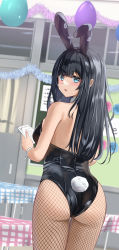 Rule 34 | 1girl, absurdres, aimi (tikichin0229), animal ears, ass, balloon, bare arms, bare shoulders, black hair, black leotard, blue eyes, blush, cowboy shot, fake animal ears, fake tail, fishnet pantyhose, fishnets, highres, holding, indoors, leotard, long hair, looking at viewer, original, pantyhose, parted lips, playboy bunny, rabbit ears, solo, standing, strapless, strapless leotard, tail, thighs, very long hair