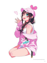 Rule 34 | 1girl, alternate costume, aqua eyes, bare shoulders, breasts, brown hair, buttons, choker, hand up, hat, heart, highres, jacket, kizuna ai, kizuna ai inc., lips, long hair, looking at viewer, medium breasts, morikura en, multicolored hair, off shoulder, official art, one eye closed, open mouth, page number, pink hair, pink jacket, shorts, simple background, sleeveless, sleeves past wrists, smile, solo, virtual youtuber, white background