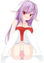 Rule 34 | 1girl, alternate costume, animal ears, arm support, bad id, bad pixiv id, bare shoulders, blush, breasts, cameltoe, chimunge, cleavage, collarbone, female focus, long hair, looking at viewer, medium breasts, midriff, navel, open mouth, panties, pink hair, pink panties, rabbit ears, red eyes, reisen udongein inaba, sitting, solo, strapless, thighhighs, touhou, underwear, white background, white thighhighs