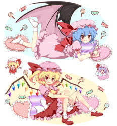 Rule 34 | 2girls, aruto23, bad id, bad pixiv id, bat wings, blonde hair, bobby socks, candy, chibi, dress, female focus, flandre scarlet, food, frilled dress, frills, hat, hat ribbon, heart, heart-shaped pillow, lollipop, lying, mary janes, multiple girls, on stomach, pillow, purple hair, remilia scarlet, ribbon, shoes, short hair, siblings, sisters, sitting, socks, touhou, wings
