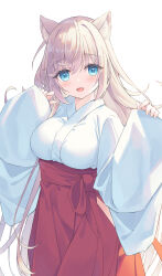 Rule 34 | 1girl, :d, animal ear fluff, animal ears, blue eyes, breasts, brown hair, cat ears, cat girl, cat tail, commentary request, copyright request, fang, hair between eyes, hakama, hakama skirt, hands up, highres, japanese clothes, kimono, long hair, long sleeves, looking at viewer, medium breasts, open mouth, pinching sleeves, red hakama, satsuki yukimi, simple background, skirt, sleeves past wrists, smile, solo, tail, very long hair, virtual youtuber, white background, white kimono, wide sleeves