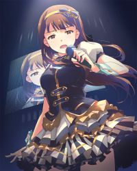 Rule 34 | 1girl, black vest, blush, brown eyes, brown hair, commentary, concert, from below, hairband, holding, holding microphone, idol, idol clothes, idolmaster, idolmaster million live!, jumbotron, layered skirt, long hair, looking down, microphone, miniskirt, monitor, music, narumi nanami, open mouth, parfait noir (idolmaster), singing, skirt, solo, stage lights, tanaka kotoha, vest, white skirt, wrist cuffs