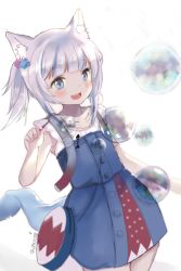 Rule 34 | 1girl, :d, animal ear fluff, animal ears, bag, bare arms, blue dress, blue eyes, blue hair, blowing bubbles, cat ears, collarbone, commentary request, dress, fins, fish tail, gawr gura, gawr gura (casual), hand up, hololive, hololive english, looking at viewer, lunacats, multicolored hair, official alternate costume, open mouth, shark tail, sharp teeth, shirt, shoulder bag, side ponytail, silver hair, simple background, sleeveless, sleeveless dress, sleeveless shirt, smile, solo, standing, streaked hair, tail, teeth, virtual youtuber, white background, white shirt