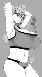 Rule 34 | 1girl, arm up, armpits, binzoko (doctor masube), breasts, doctor masube, glasses, grin, highres, huge breasts, monochrome, original, short hair, smell, smile, solo, sports bra, sportswear, sweat, nervous sweating