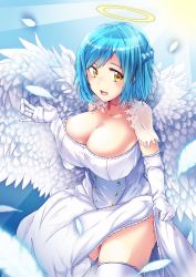 Rule 34 | 1girl, :d, absurdres, angel, angel wings, artist request, blue hair, blush, braid, breasts, cleavage, collarbone, commentary request, detached sleeves, dress, elbow gloves, falling feathers, feathered wings, feathers, french braid, gloves, halo, highres, holding, holding clothes, holding skirt, huge breasts, looking at viewer, moira (nijisanji), mole, mole on breast, mole under mouth, nijisanji, open mouth, short hair, side slit, skirt, smile, solo, thighhighs, user hstd3528, virtual youtuber, white dress, white wings, wings, yellow eyes