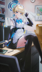 Rule 34 | 1girl, absurdres, apron, arm support, back bow, belt pouch, black dress, black gloves, black thighhighs, blonde hair, blue archive, blue bow, blue bowtie, blue eyes, blue halo, blue ribbon, book, bookshelf, bow, bowtie, box, braid, bun cover, chair, chest harness, clock, collared shirt, curtains, desk, dress, earpiece, elbow gloves, eyeshadow, fingerless gloves, french braid, frilled apron, frills, full body, gloves, guard (mungcom88), hair intakes, hair ribbon, halo, hand up, harness, highres, indoors, light blush, looking at viewer, maid, maid apron, maid headdress, makeup, monitor, no shoes, notebook, on desk, pen, pouch, red eyeshadow, ribbon, shirt, short hair, single sidelock, sitting, sleeveless, sleeveless dress, sticky note, thighhighs, toki (blue archive), v, wall clock, white apron, white shirt, wrist cuffs