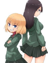 Rule 34 | 10s, 2girls, back, back-to-back, black hair, black skirt, blonde hair, blue eyes, clenched hand, closed mouth, commentary, crossed arms, emblem, from behind, frown, girls und panzer, green jacket, grin, jacket, katyusha (girls und panzer), kitayama miuki, long hair, long sleeves, looking at viewer, looking back, miniskirt, multiple girls, nonna (girls und panzer), pleated skirt, pravda school uniform, red shirt, school uniform, shirt, short hair, simple background, skirt, smile, standing, turtleneck, white background