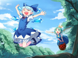 Rule 34 | 2girls, apple, arms up, asutora, basket, black footwear, bloomers, blue bow, blue dress, blue hair, blue sky, bow, cirno, cloud, daiyousei, day, dress, closed eyes, fairy wings, flying, food, fruit, green eyes, green hair, hair bow, hair ribbon, holding, ice, ice wings, multiple girls, open mouth, outdoors, petticoat, puffy short sleeves, puffy sleeves, ribbon, shoes, short hair, short sleeves, sky, smile, socks, summer, touhou, tree, underwear, white bloomers, white legwear, wings, yellow ribbon