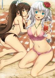 Rule 34 | 2girls, absurdres, ass, bad id, bad pixiv id, beach, bikini, black bikini, blush, breasts, brown hair, cleavage, collarbone, cup, drinking straw, flower, garimpeiro, hair behind ear, hair flower, hair ornament, highres, holding, holding cup, medium breasts, midriff, multiple girls, navel, open mouth, original, pink bikini, red flower, red rose, rose, sand, sitting, smile, swimsuit, white background