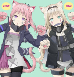 Rule 34 | 2girls, absurdres, an-94 (girls&#039; frontline), animal ears, animal hands, bad id, bad pixiv id, blonde hair, cat ears, cat tail, facial mark, fang, fish, food, food in mouth, girls&#039; frontline, green eyes, hairband, highres, jacket, long hair, looking at viewer, multiple girls, nyan, open mouth, pantyhose, paw pose, pink hair, ponytail, purple eyes, ribbon, simple background, single thighhigh, st ar-15 (girls&#039; frontline), strap, tail, thigh strap, thighhighs, tori (user hghr2284), whisker markings