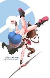 Rule 34 | 1girl, 1stgarden, artist name, baseball cap, black vest, black wristband, blue eyes, boots, brown hair, commentary, creatures (company), denim, denim shorts, english commentary, floating hair, full body, game freak, handstand, hat, highres, hilda (pokemon), holding, holding poke ball, long hair, looking at viewer, nintendo, one arm handstand, open mouth, pink hat, poke ball, poke ball (basic), poke ball symbol, pokemon, pokemon bw, shirt, short shorts, shorts, sleeveless, sleeveless shirt, smile, socks, solo, teeth, upper teeth only, vest, white hat, white shirt, wristband