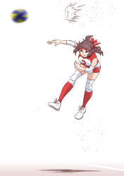 Rule 34 | 1girl, absurdres, brown eyes, brown hair, commentary request, elbow pads, girls und panzer, headband, highres, jumping, knee pads, kondou taeko, medium hair, motion blur, partial commentary, red headband, red shirt, red shorts, red socks, satou yasu, shirt, shoes, short shorts, shorts, simple background, single vertical stripe, sleeveless, sleeveless shirt, sneakers, socks, solo, spiking, sportswear, volleyball uniform, white background, white footwear