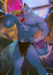 Rule 34 | 1boy, abs, bandages, bara, blaidd the half-wolf, bulge, cape, contrapposto, elden ring, feet out of frame, frde, full moon, furry, furry male, glowing, glowing eye, highres, large pectorals, loincloth, looking at viewer, male focus, mature male, moon, muscular, muscular male, navel, navel hair, nipples, over shoulder, pectorals, scar, scar on chest, scar on leg, short hair, sideburns, solo, standing, stomach, sword, sword over shoulder, thick eyebrows, thick thighs, thighs, topless male, tusks, weapon, weapon over shoulder, wolf boy