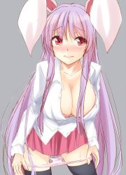 Rule 34 | 1girl, animal ears, black thighhighs, blush, bra, breasts, cleavage, collarbone, commentary request, cowboy shot, embarrassed, grey background, hisae (hisae collect), large breasts, leaning forward, long hair, long sleeves, looking at viewer, nose blush, panties, panty pull, pink bra, pink lips, pink panties, pink skirt, pleated skirt, pulled by self, purple hair, rabbit ears, red eyes, reisen udongein inaba, shirt, sidelocks, simple background, sketch, skirt, solo, standing, sweat, thighhighs, thighs, touhou, underwear, unfinished, very long hair, white shirt, wing collar