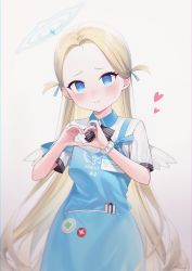 Rule 34 | 1girl, absurdres, apron, black bow, black bowtie, blonde hair, blue apron, blue archive, blue eyes, blue ribbon, blush, bow, bowtie, closed mouth, collared shirt, forehead, hair ribbon, halo, heart, heart hands, highres, id card, long hair, looking at viewer, mini wings, parted bangs, ribbon, rishida haru, scrunchie, shirt, short eyebrows, short sleeves, signature, solo, sora (blue archive), strap slip, striped bow, striped bowtie, striped clothes, sweatdrop, two side up, very long hair, white scrunchie, white shirt, white wings, wings, wrist scrunchie