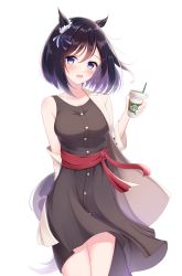 Rule 34 | 1girl, :d, alternate costume, animal ears, arm behind back, black hair, blue eyes, blush, bob cut, bow, breasts, casual, coffee cup, collarbone, cowboy shot, cup, disposable cup, dress, drinking straw, ear ornament, ear ribbon, eishin flash (umamusume), highres, holding, holding cup, horse ears, horse girl, jacket, looking at viewer, medium breasts, michizane sgawl, off shoulder, open clothes, open jacket, open mouth, round teeth, sash, short hair, simple background, sleeveless, sleeveless dress, smile, solo, tail, teeth, thighs, umamusume, upper teeth only, white background