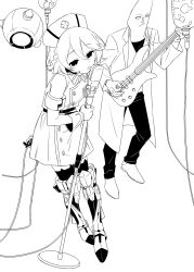 Rule 34 | 1boy, 1girl, arm behind back, armlet, belt, blank eyes, boots, braid, cable, closed mouth, coat, collared dress, commentary request, dress, drone, full body, gloves, greyscale, guitar, half-closed eyes, hat, highres, holding, holding cable, holding guitar, holding instrument, holding microphone stand, instrument, intravenous drip, kawasaki (5s5 g), kenzaki mesuo, knee boots, lab coat, leaning forward, looking at viewer, mechanical boots, microphone stand, monochrome, music, nurse cap, nurse robot type t, object head, open clothes, open coat, open mouth, pants, playing instrument, shirt, shoes, short dress, short hair, side braid, simple background, singing, sleeveless, sleeveless dress, standing, thighhighs, utau, voicevox