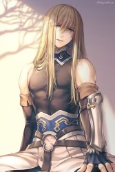 Rule 34 | 1boy, bare shoulders, belt, blonde hair, blue eyes, bracer, branch, covered abs, cowboy shot, fate/grand order, fate (series), fingerless gloves, fionn mac cumhaill (fate/grand order), gloves, green eyes, hagino kouta, hair between eyes, highres, light, long hair, looking at viewer, male focus, open mouth, shadow, sitting, sleeveless, smile, solo, upper body