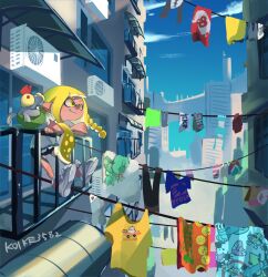 Rule 34 | 1girl, air conditioner, asymmetrical hair, balcony, bike shorts, black shorts, blonde hair, blue sky, braid, building, city, closed mouth, clothes, clothesline, crossed arms, day, in-universe location, inkling, inkling girl, inkling player character, jellyfish (splatoon), koike3582, nintendo, outdoors, pointy ears, salmonid, shirt, short sleeves, shorts, sky, skyscraper, smallfry (splatoon), smile, splatoon (series), suction cups, t-shirt, tentacle hair, white shirt, yellow eyes