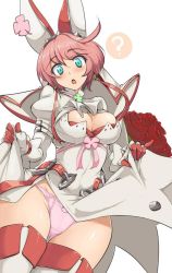 Rule 34 | 1girl, :o, ahoge, aqua eyes, belt, blush, boots, breasts, cleavage, clothes lift, clover, curvy, earrings, elphelt, elphelt valentine, flower, four-leaf clover, gluteal fold, guilty gear, guilty gear xrd, hair between eyes, image sample, jewelry, jpeg artifacts, large breasts, looking at viewer, looking down, momio, panties, pink hair, rose, short hair, skirt, skirt lift, thigh boots, thighhighs, thighs, underwear, upskirt, valentine, wide hips