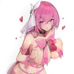 Rule 34 | 1girl, 24sui, absurdres, between breasts, blush, breasts, breasts squeezed together, candy, chocolate, chocolate heart, choker, condom, cum, cum on body, cum on breasts, cum on upper body, elysia (honkai impact), food, hair between eyes, hair ornament, heart, highres, honkai (series), honkai impact 3rd, large breasts, looking at viewer, naked ribbon, pink hair, purple eyes, ribbon, simple background, solo, tongue, tongue out, white background