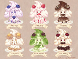 Rule 34 | 2019, :d, alcremie, alcremie (matcha cream), alcremie (other cream), alcremie (other sweet), alcremie (ruby cream), alcremie (strawberry sweet), alcremie (vanilla cream), alternate color, blue eyes, blueberry, brown background, brown eyes, cherry, chocolate, commentary, covered mouth, cream puff, creature as food, creatures (company), curious, dated, dessert, english commentary, english text, food, fruit, game freak, gen 8 pokemon, heart, holding, holding food, holding fruit, matchaneko, mont blanc (food), multiple views, nintendo, no humans, open mouth, pastry, plate, pokemon, pokemon (creature), pokemon swsh, purple eyes, red eyes, smile, strawberry, surprised, variations, wild arms, yellow eyes