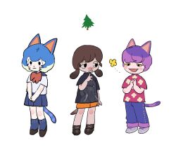 Rule 34 | 1boy, 2girls, :3, animal crossing, animal ears, bea (animal crossing), black eyes, black footwear, black shirt, blue hair, blue sailor collar, blue skirt, blue socks, bob (animal crossing), bob cut, bow, bowtie, brown hair, bug, butterfly, cat boy, cat ears, cat girl, cat tail, closed mouth, colored sclera, commentary, denim, dog girl, dog tail, dotted line, finger to own chin, floral print, freckles, grey footwear, half-closed eyes, highres, humanization, insect, jeans, kneehighs, lineup, low twintails, mitzi (animal crossing), multicolored hair, multiple girls, nintendo, oko da yo, open mouth, orange shorts, own hands clasped, own hands together, pants, pine tree, pleated skirt, print shirt, purple hair, red bow, red bowtie, red shirt, sailor collar, school uniform, serafuku, shirt, shoes, short hair, short sleeves, shorts, simple background, skirt, smile, sneakers, socks, striped tail, symbol-only commentary, tail, tareme, tree, twintails, two-tone hair, v arms, white background, white hair, wide-eyed, yellow sclera