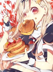 Rule 34 | 1girl, black ribbon, black serafuku, blonde hair, blush, commentary request, eating, fingerless gloves, food, food on face, fork, fruit, gloves, hair flaps, hair ornament, hair ribbon, hairclip, heart, heart-shaped pupils, highres, holding, holding fork, kantai collection, long hair, looking at viewer, neckerchief, pancake, plate, red eyes, red neckerchief, ribbon, scarf, school uniform, serafuku, short sleeves, solo, strawberry, sumoffu, symbol-shaped pupils, syrup, whipped cream, yuudachi (kancolle), yuudachi kai ni (kancolle)