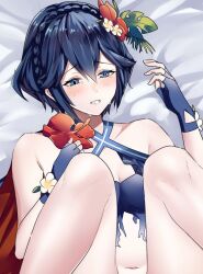Rule 34 | 1girl, ameno (a meno0), bare arms, bare shoulders, bikini, blue bikini, braid, breasts, cape, cleavage, clenched teeth, collarbone, fingerless gloves, fire emblem, fire emblem awakening, fire emblem heroes, flower, gloves, hair flower, hair ornament, hibiscus, lucina (fire emblem), lucina (summer) (fire emblem), lying, marth (fire emblem awakening), nintendo, official alternate costume, official alternate hairstyle, on back, short hair, small breasts, solo, sweat, swimsuit, tearing up, tears, teeth, torn clothes