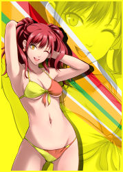 Rule 34 | 1girl, ;d, armpits, arms behind head, arms up, atlus, bikini, breasts, cleavage, contrapposto, dark persona, earrings, jewelry, k2isu, kujikawa rise, medium breasts, navel, one eye closed, open mouth, persona, persona 4, red hair, shadow (persona), shadow rise, smile, solo, standing, string bikini, swimsuit, twintails, underboob, wink, yellow eyes, zoom layer