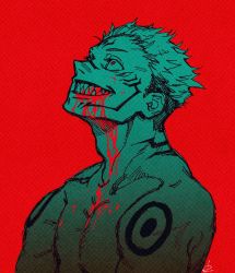 Rule 34 | 1boy, blood, blood from mouth, blood on face, blood splatter, contrast, extra eyes, facial mark, forehead mark, hair slicked back, highres, jujutsu kaisen, looking up, male focus, multicolored hair, natsu (rodysanp), pectorals, portrait, red background, red eyes, ryoumen sukuna (jujutsu kaisen), sharp teeth, simple background, smile, solo, tattoo, teeth, toned, toned male, topless male, two-tone hair, undercut, wide-eyed