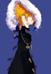 1boy alternate_hair_length alternate_hairstyle bleach blue_coat braised_goose brown_eyes coat earrings fur-trimmed_hood fur_trim highres hood hooded_coat jewelry kurosaki_ichigo looking_at_viewer male_focus necklace open_clothes open_coat orange_hair parted_lips signature solo striped_clothes sweater turtleneck turtleneck_sweater upper_body vertical-striped_clothes vertical-striped_sweater