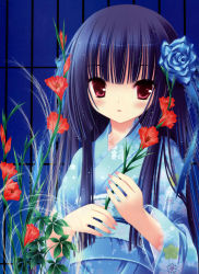 Rule 34 | 1girl, absurdres, black hair, blue hair, blue kimono, blue ribbon, blunt bangs, blush, breasts, floral print, flower, grass, hair flower, hair ornament, highres, holding, holding flower, japanese clothes, kimono, lace, long hair, long sleeves, looking at viewer, nail polish, obi, parted lips, pink nails, print kimono, red eyes, ribbon, sash, small breasts, solo, tinker bell (pixiv 10956015), upper body, wide sleeves, yukata