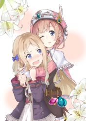 Rule 34 | 2girls, arm grab, arms around neck, atelier (series), atelier rorona, blonde hair, blue eyes, blush, bow, brown hair, capelet, cuderia von feuerbach, dress, female focus, flower, hair bow, hat, height difference, highres, hug, hug from behind, lily (flower), long hair, long sleeves, multiple girls, nasubi kyou, nose blush, one eye closed, open mouth, rororina fryxell, short hair, smile, sweatdrop, two side up, wink
