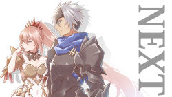 Rule 34 | 1boy, 1girl, alphen (tales), armor, black choker, blue eyes, blue scarf, breastplate, breasts, choker, cleavage, closed mouth, covered navel, dress, floating hair, frown, hair between eyes, highres, long hair, mask, mishiro (andante), pink hair, scarf, shionne (tales), short hair, shoulder armor, small breasts, spiked hair, tales of (series), tales of arise, upper body, very long hair, white background, white dress, white hair