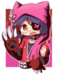 Rule 34 | 1girl, :d, animal ears, animal hood, badge, belt, belt collar, black belt, black collar, black shirt, blue hair, blush, brown eyes, button badge, cat ears, cat hood, claws, collar, collarbone, commentary request, cropped torso, ear piercing, eyepatch, fang, hands up, hayasaka mirei, head tilt, heart, hood, idolmaster, idolmaster cinderella girls, jacket, long sleeves, multicolored hair, naga u, open clothes, open jacket, open mouth, piercing, pink background, red background, red hair, red jacket, shirt, smile, solo, streaked hair, studded belt, two-tone background, white background