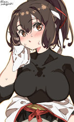 Rule 34 | 1girl, black shirt, breasts, brown eyes, brown hair, hair ribbon, headband, highres, ise (kancolle), ise kai ni (kancolle), japanese clothes, kantai collection, laco soregashi, large breasts, looking at viewer, one-hour drawing challenge, ponytail, ribbon, shirt, short hair, simple background, skin tight, solo, sweater, towel, undershirt, upper body, white background, white headband, white towel