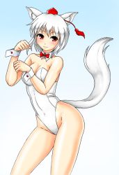 Rule 34 | 1girl, animal ears, bare legs, bare shoulders, blush, bow, bowtie, breasts, cleavage, covered navel, detached collar, gradient background, hat, inubashiri momiji, kudou (ooabareteng), large breasts, leotard, looking at viewer, nontraditional playboy bunny, playboy bunny, red eyes, short hair, silver hair, smile, solo, standing, tail, tokin hat, touhou, wolf ears, wolf tail, wrist cuffs