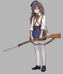 Rule 34 | 1girl, absurdres, bayonet, black footwear, blue eyes, blue headwear, blue skirt, blush, brown hair, closed mouth, collared shirt, full body, garoppui, grey background, gun, gun sling, harness, hat, highres, holding, holding gun, holding weapon, loafers, long hair, original, plaid, plaid skirt, pouch, rifle, shirt, shoes, simple background, skirt, sleeves rolled up, smile, standing, thighhighs, weapon, white thighhighs, zettai ryouiki